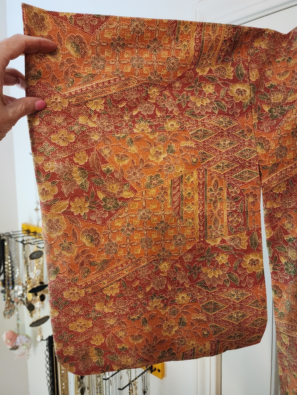 Japanese Kimono Floral Rust Gold Wrap Robe Jacket Fits Up To 1X Asian Unlined - Picture 3 of 8